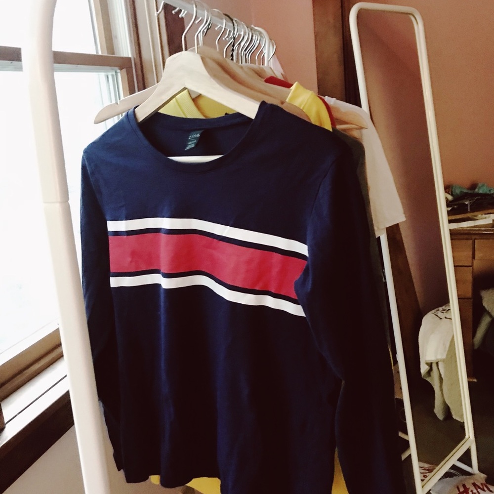 red white and blue striped long sleeve shirt